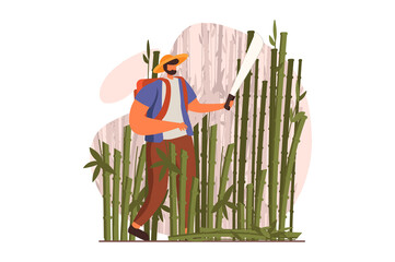 Travelling web concept in flat design. Man with backpack goes on trip walking with machete in bamboo forest. Traveller going in expedition and hiking in jungle. Illustration with people scene