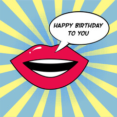 Poster with lips and speech bubble in pop art comic style.