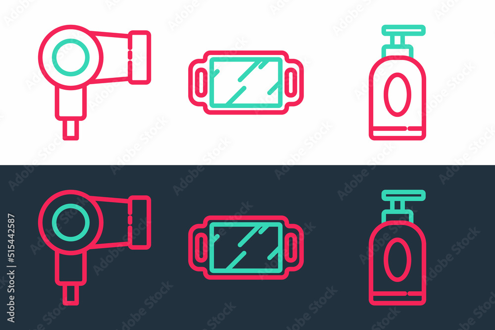 Sticker Set line Cream or lotion cosmetic tube, Hair dryer and Hand mirror icon. Vector