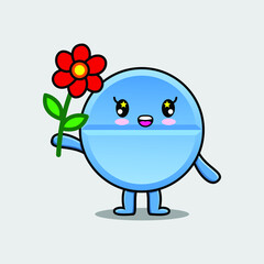 Cute cartoon pill medicine character holding red flower in concept flat cartoon style