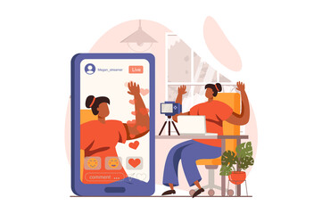 Video streaming web concept in flat design. Woman making live stream using camera. Followers watch broadcast from app. Online communication and social networks. Illustration with people scene