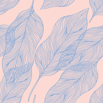 Linear seamless pattern with blue leaves on pink background © Morena