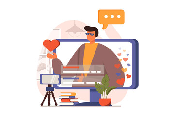 Obraz premium Video streaming web concept in flat design. Man making live stream using smartphone camera. Followers watch broadcast at computer. Blogging and social networks. Illustration with people scene