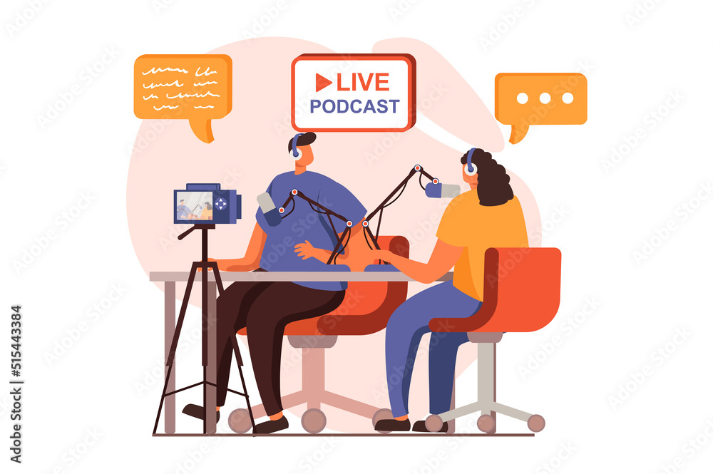 Fototapete video streaming web concept in flat design. man and woman doing live podcast stream and recording vi