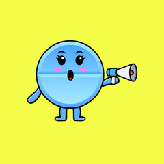 Cute Cartoon pill medicine character speak with megaphone in flat cartoon style concept