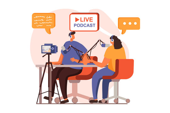 Video Streaming Web Concept In Flat Design. Man And Woman Doing Live Podcast Stream And Recording Video Content On Camera In Studio. Blogging And Social Networks. Illustration With People Scene