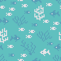 Underwater seamless background with Fish and algae. Pixel art . Vector sea pattern for fabric, paper and other