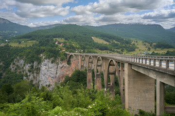 Fototapeta na wymiar Reinforced concrete bridge over Tara river in mountains. Djurdjevic Bridge