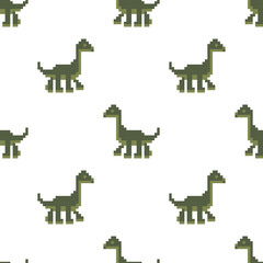 Seamless background with cute dinosaurs. Pixel prehistoric animals. Vector Pattern