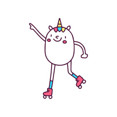 Kawaii unicorn playing roller skate, illustration for t-shirt, street wear, sticker, or apparel merchandise. With doodle, retro, and cartoon style.