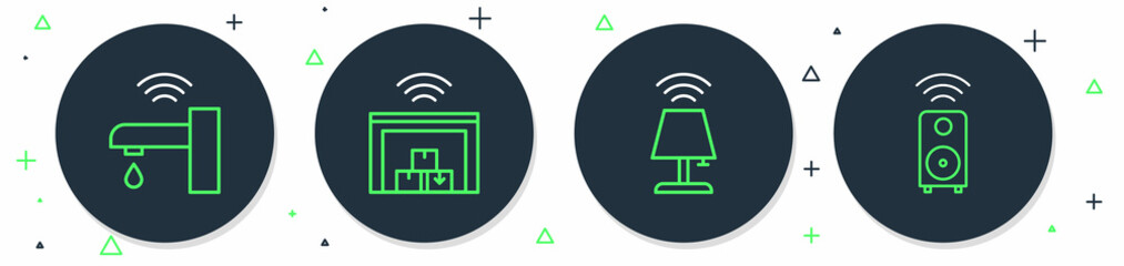 Set line Smart warehouse, table lamp, water tap and stereo speaker icon. Vector