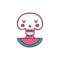 Kawaii little skull with watermelon, illustration for t-shirt, sticker, or apparel merchandise. With doodle, retro, and cartoon style.