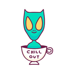 Cat alien inside a cup of coffee, illustration for t-shirt, sticker, or apparel merchandise. With doodle, retro, and cartoon style.
