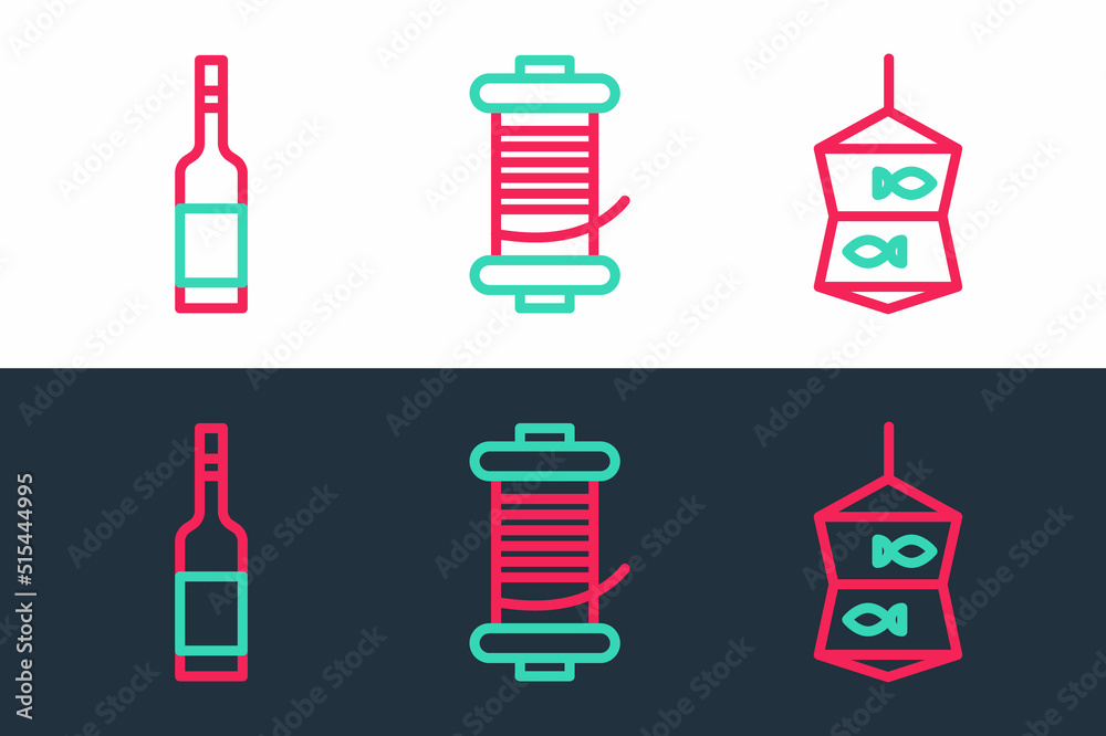 Sticker set line fishing net with fish, bottle of vodka and spinning reel for fishing icon. vector