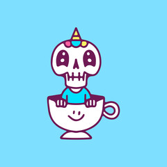 Obraz na płótnie Canvas Kawaii unicorn skull inside a cup of coffee, illustration for t-shirt, sticker, or apparel merchandise. With doodle, retro, and cartoon style.