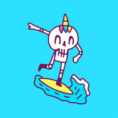 Cool unicorn skull surfing, illustration for t-shirt, sticker, or apparel merchandise. With doodle, retro, and cartoon style.