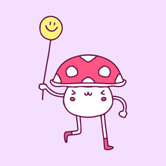 Cute mushroom mascot holding smile face balloon, illustration for t-shirt, sticker, or apparel merchandise. With doodle, retro, and cartoon style.