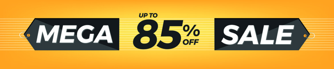 85% off. Horizontal yellow banner. Advertising for Mega Sale. Up to eighty-five percent discount for promotions and offers.