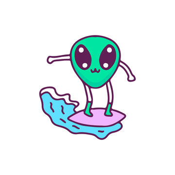 Funny baby alien mascot surfing, illustration for t-shirt, sticker, or apparel merchandise. With doodle, retro, and cartoon style.