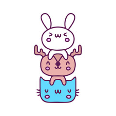 Cut bunny, deer, and cat mascot, illustration for t-shirt, sticker, or apparel merchandise. With doodle, retro, and cartoon style.