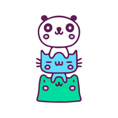 Kawaii panda, cat, and frog mascot, illustration for t-shirt, sticker, or apparel merchandise. With doodle, retro, and cartoon style.