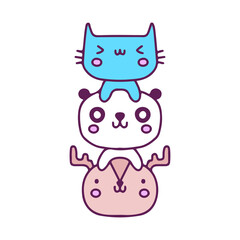 Kawaii cat, panda, and deer mascot, illustration for t-shirt, sticker, or apparel merchandise. With doodle, retro, and cartoon style.