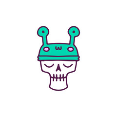 Funny skull head with frog hat, illustration for t-shirt, sticker, or apparel merchandise. With doodle, retro, and cartoon style.