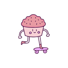 Funny cupcake mascot riding skateboard, illustration for t-shirt, sticker, or apparel merchandise. With doodle, retro, and cartoon style.