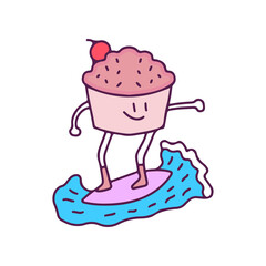 Cool chocolate cupcake mascot surfing, illustration for t-shirt, sticker, or apparel merchandise. With doodle, retro, and cartoon style.