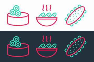 Set line Sea cucumber, Tin can with caviar and Fish soup icon. Vector