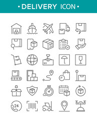 Shipping and delivery icons. Vector set of thin line icons with logistic, shipping and customer service, package protection, return, tracking. Symbol collection for web, application, food delivery