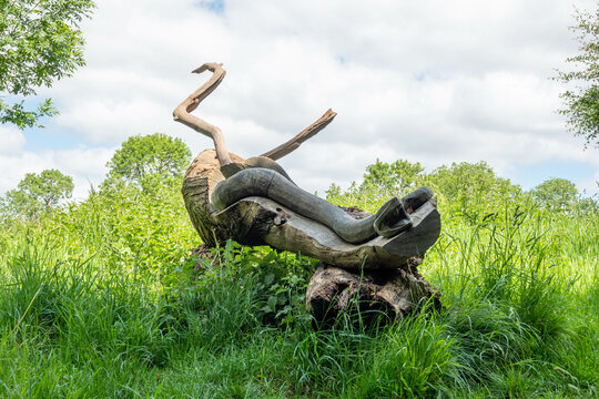 wooden sculpture of a snake on a tree trunk