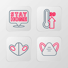 Set line Medical protective mask, High human body temperature and Stay home icon. Vector