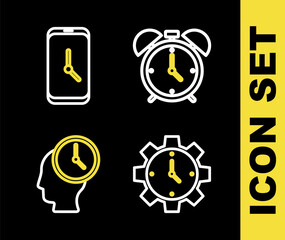 Set line Alarm clock, Time Management, and app mobile icon. Vector