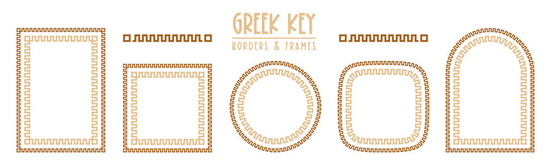 Greek key seamless frames and borders vector collection. Decorative ancient meander, greece ornamental set. Rectangle, square, circle, rounded, and arc frames consist from tiny bricks, easy to resize.