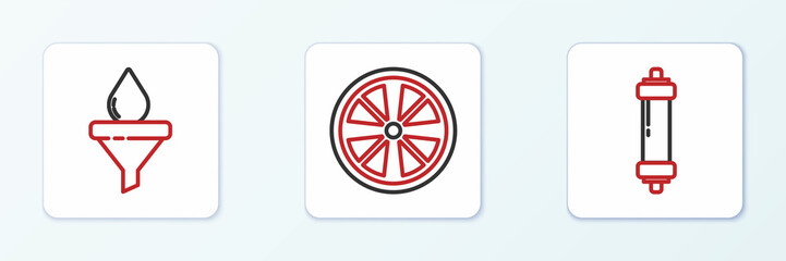 Fototapeta premium Set line Shock absorber, Funnel and oil drop and Alloy wheel icon. Vector