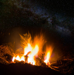 closeup camp fire at the night under starry sky