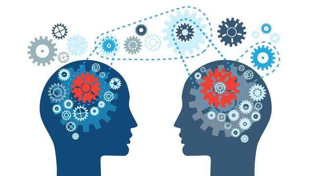 Communication concept. Human two heads with gears. Human brain functioning concept. The uniqueness and complexity of the thought process. White background