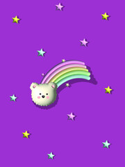 Three-dimensional rainbow bear on a pink sky decorated with stars.