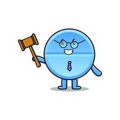 Fototapeta premium Cute cartoon mascot character wise judge pill medicine wearing glasses and holding a hammer 