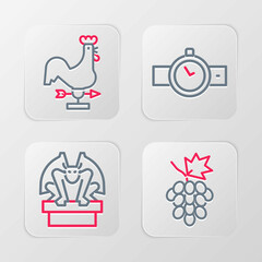 Set line Grape fruit, Gargoyle on pedestal, Wrist watch and Rooster weather vane icon. Vector