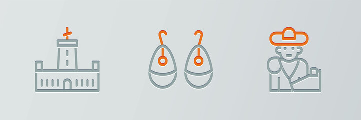 Set line Bullfight, matador, Montjuic castle and Earrings icon. Vector