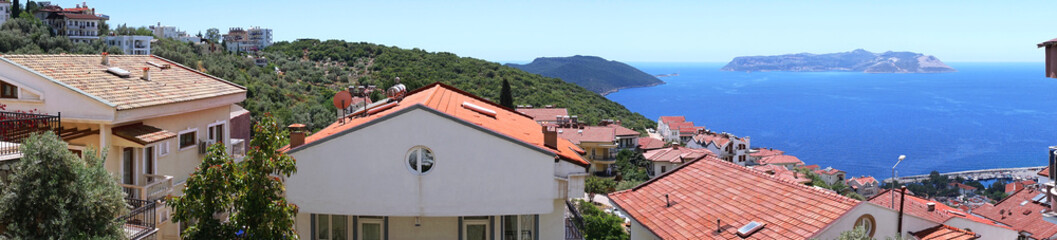 Panoramic view of a city at the Mediterranean coast, Kas, Turkey - 515450983
