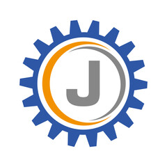 Letter J Gear Logo Design Template. Automotive Gear Logo for Business and Industrial Identity