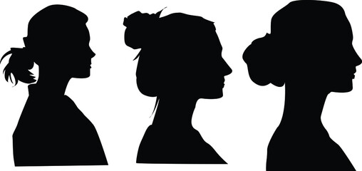 Women head silhouette illustration. Beautiful female faces profiles, black silhouette outline avatars.
