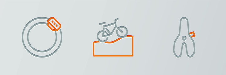 Set line Bicycle seat, brake disc and Mountain bicycle icon. Vector - obrazy, fototapety, plakaty