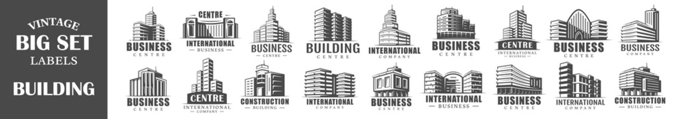 Set of vintage buildings labels. Templates for the design of logos and emblems. Collection of building symbols: hotel, office, skyscraper. Vector illustration