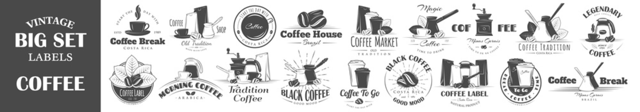 Set of vintage coffee labels. Posters, stamps, banners and design elements. Vector illustration
