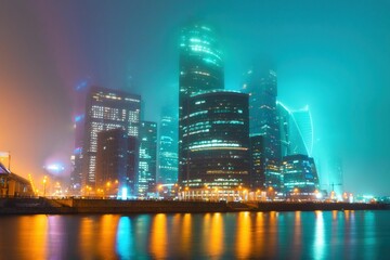 Modern high-rise illuminated buildings in Moscow covered by fog at night © Andrey Kotov/Wirestock Creators