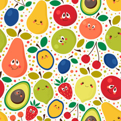 Seamless vector pattern with sweet-faced kawaii fruits. Funny background. - 515453924